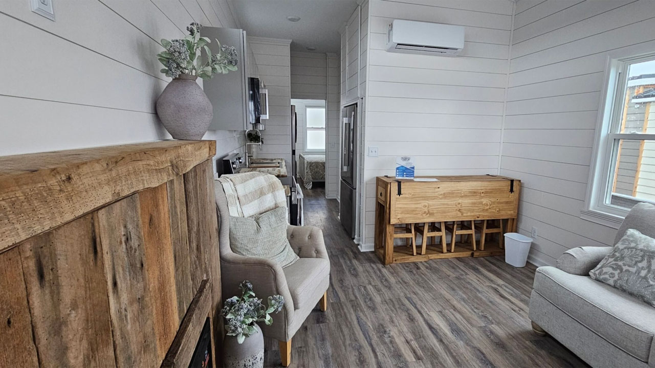 399 sq. ft. Customizable Tiny House Flaunts Rustic Elegance With Its Textured Woodwork, Fits Enclosed Porch and a Bedroom