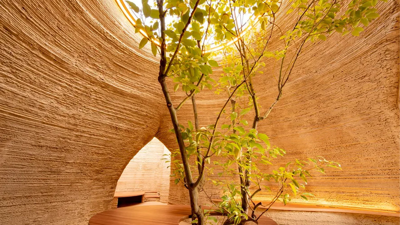 The circular glazed skylight and glazed archway entrance floods interior with natural daylight