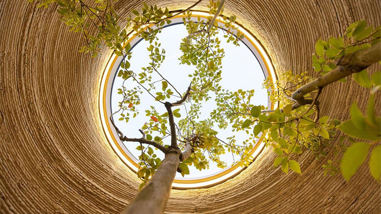The circular glazed skylight brings in sunlight