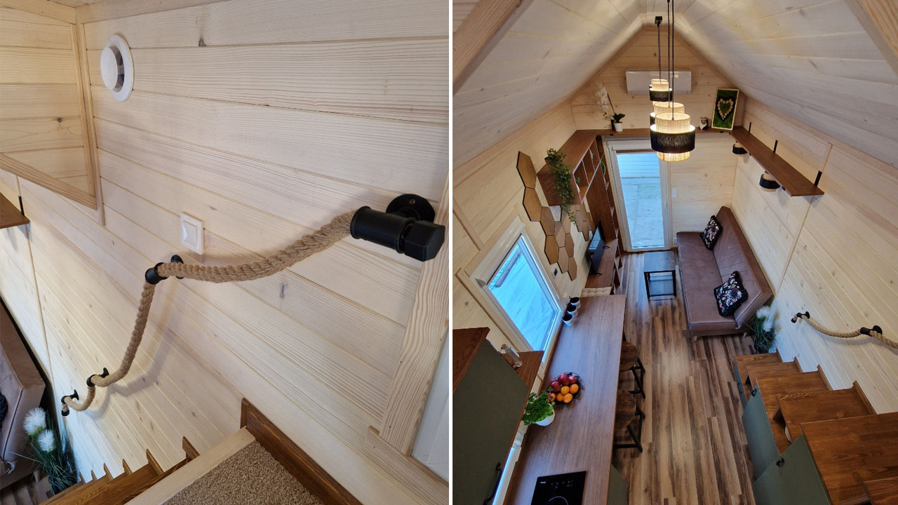 Bahama tiny house-staircase with jute rope handrail