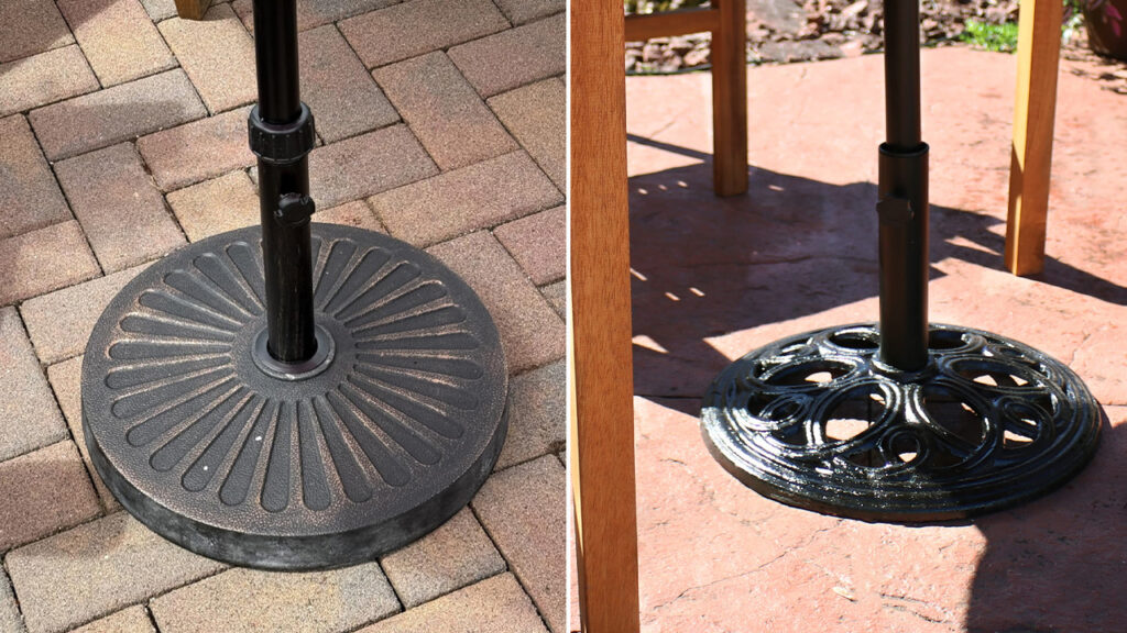 Blissun 26.5 lbs Round Antiqued Patio Umbrella Base and Sunnydaze 24lb Cast Iron Patio Umbrella Base