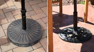 Blissun 26.5 lbs Round Antiqued Patio Umbrella Base and Sunnydaze 24lb Cast Iron Patio Umbrella Base