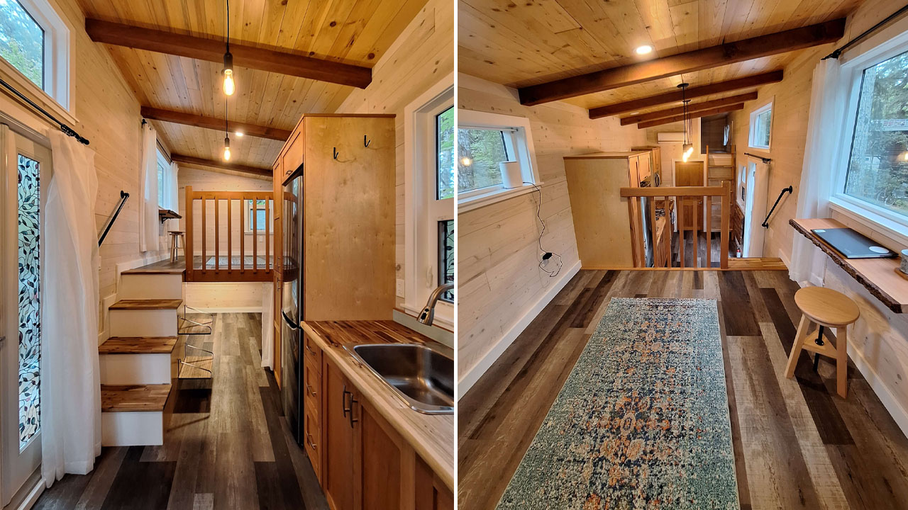 The staircase with built-in storage leads towards elevated lounge area