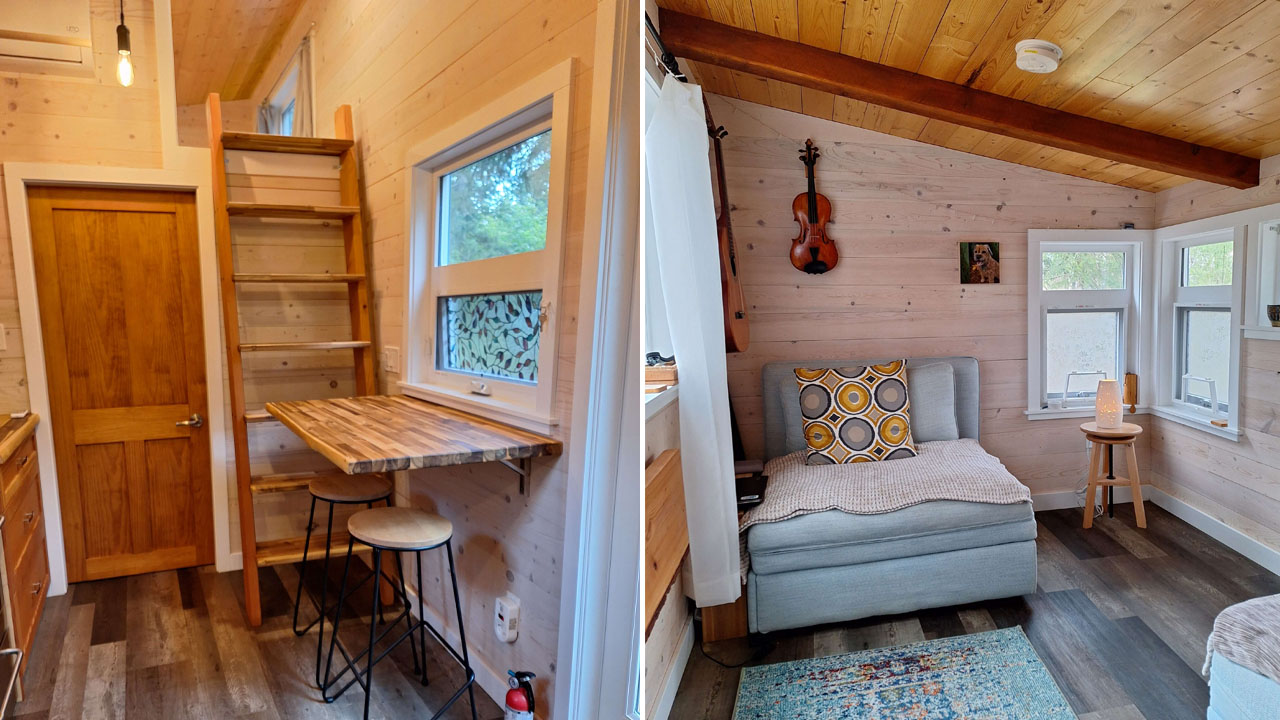 The elevated living area and the wooden ladder leading towards the lofted bedroom