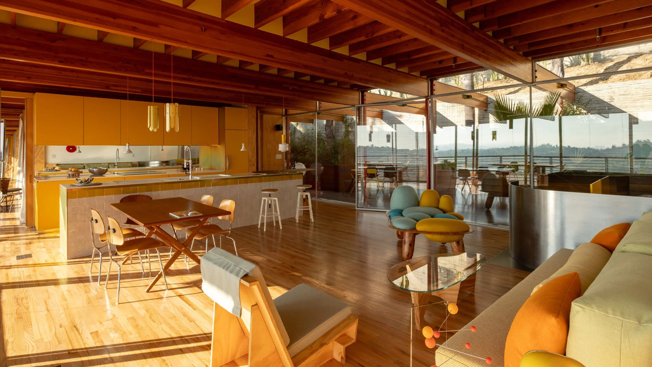 The warm, wood-wrapped interior of Cano House