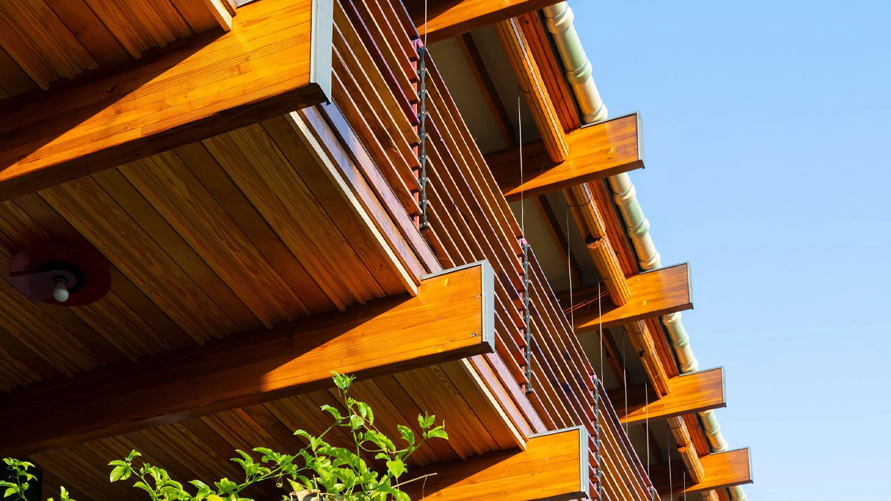 The exposed beams provides structural strength and shade to the Cano House