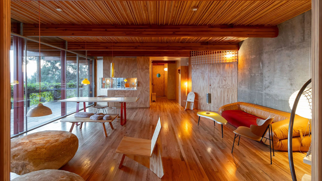 Entire interior is wrapped in warm wood.