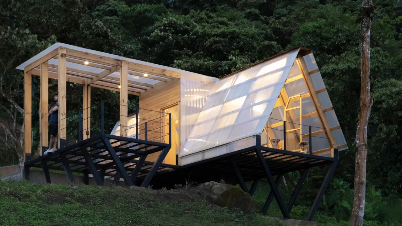 The Casa 6-3 cabin glows like a gleaming lantern