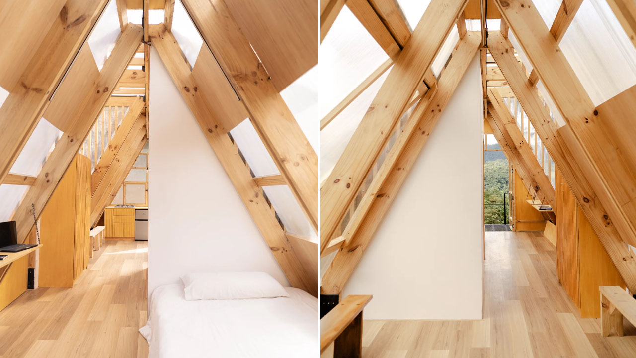 The translucent partition wall behind the bedding acts like a divider between sleeping zone and living zone