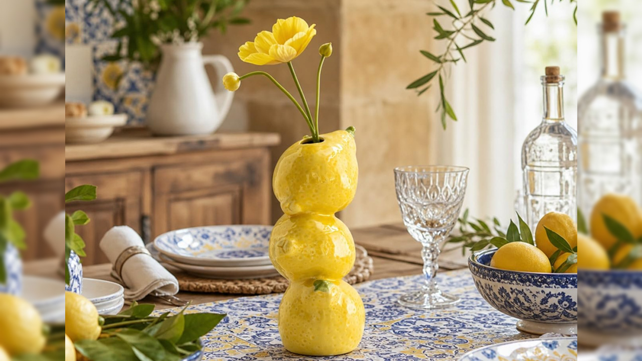 Citrus Home Décor - Stacked Lemon Ceramic Bud Vase