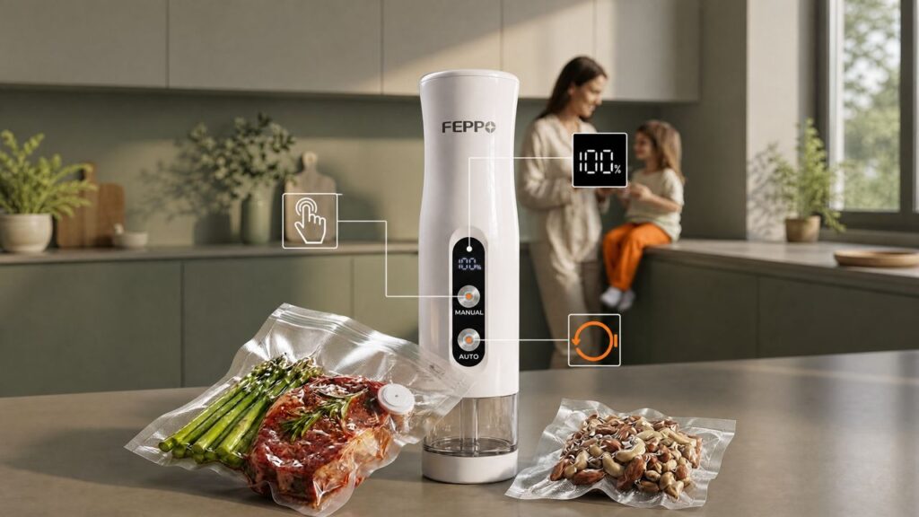 Feppo Compact Vacuum Sealer With -65kPa Suction Keeps Food Fresh 5 Times Longer Feppo Vacuum Sealer with dual modes