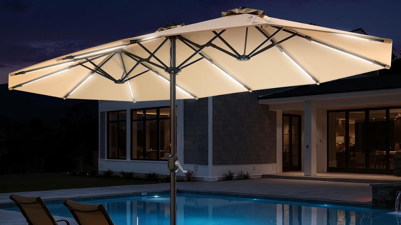 HOMSHADE 15FT Double Sided Patio Umbrella with 12 Solar LED Light Bars