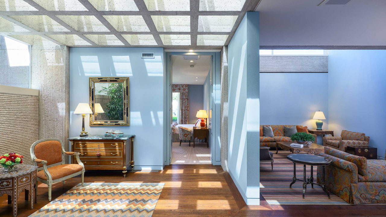 The color and material palette of interiors enhance the residence's beauty