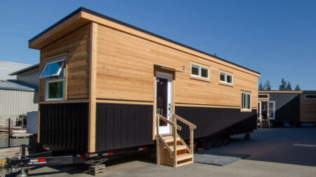 Juniper Tiny House Goes Extra-Wide to Accommodate Bathtub in Its Elegant Interior Exterior of Juniper tiny house on wheels
