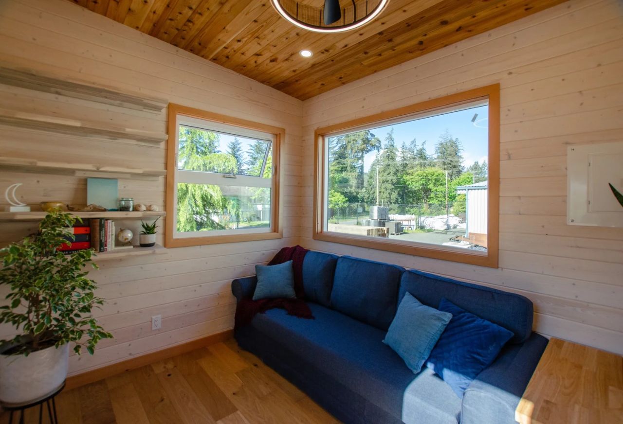 Sofa inside Juniper tiny house on wheels