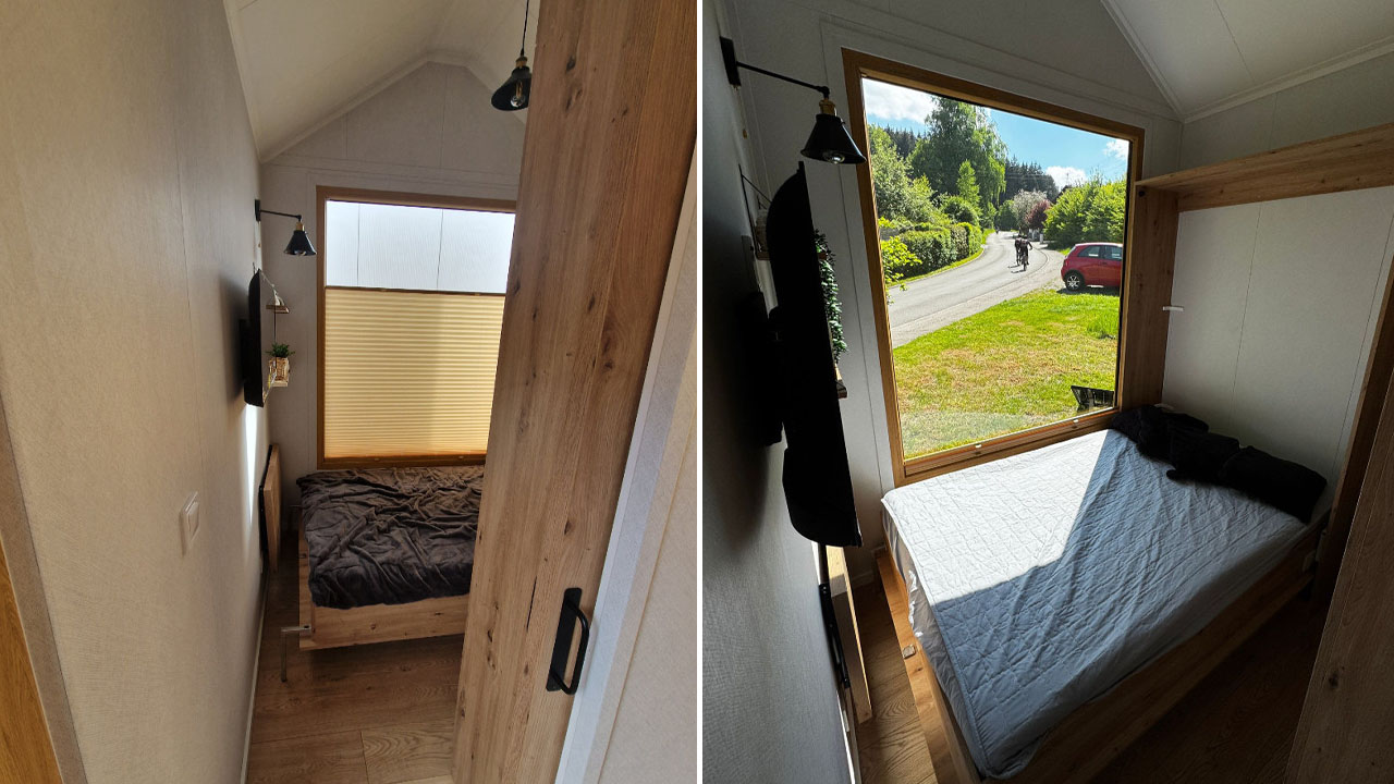 The sliding door saves space and wall-mounted television