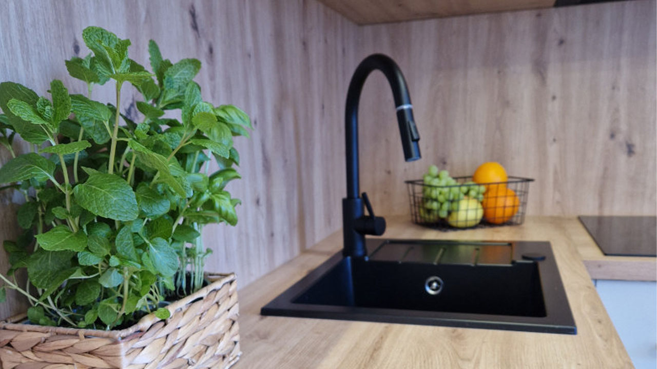 The gooseneck faucet contrasts against the wooden countertop
