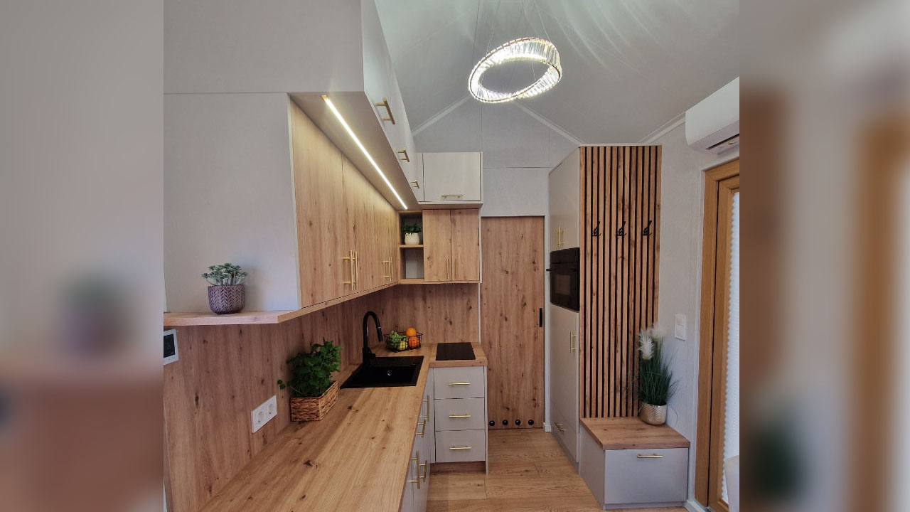 The vertical slatted panels add Japandi asthetic