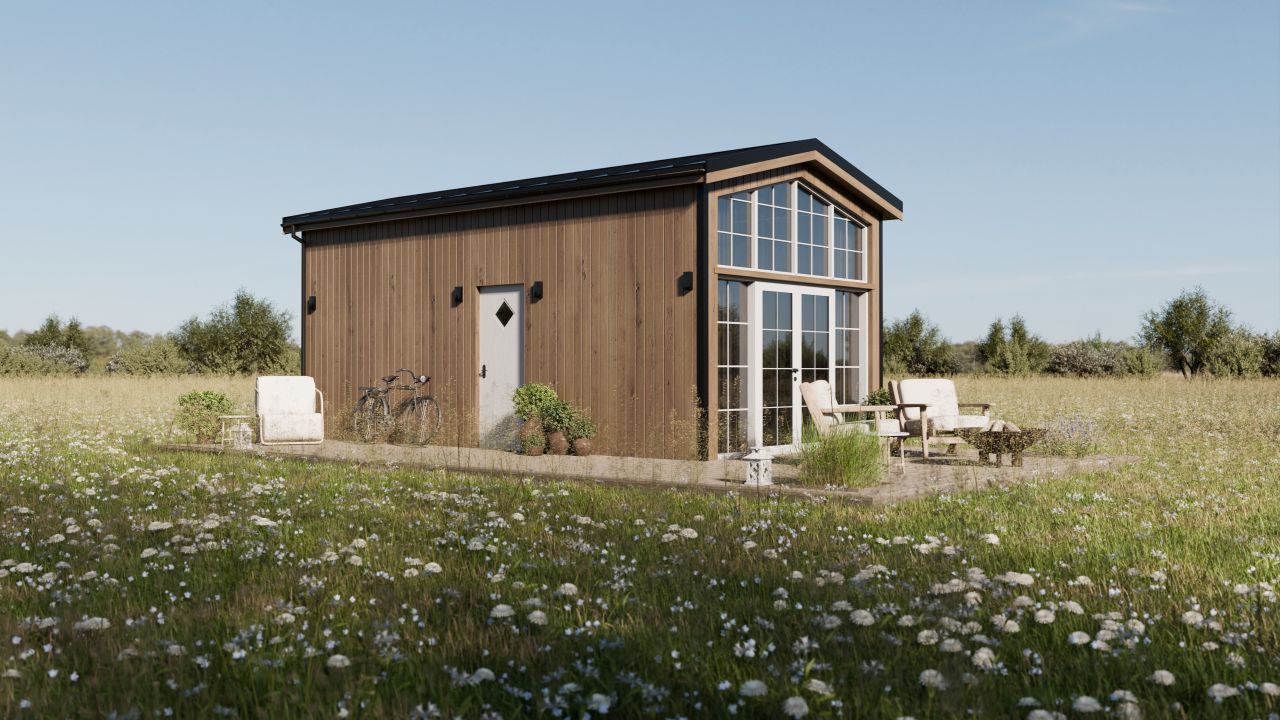 exterior look of Lucia tiny house by Vagabond Haven in natural wood color