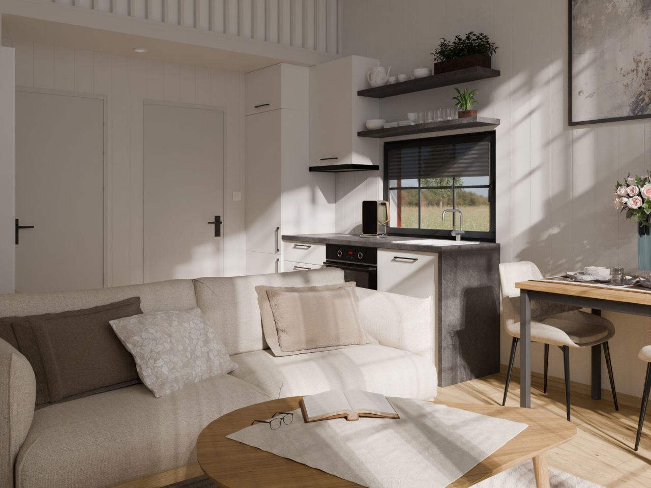 kitchen and living room of Lucia tiny house by Vagabond Haven
