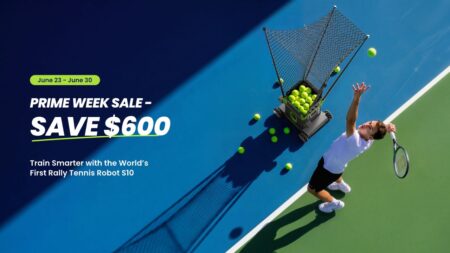 Acemate Cuts $600 Off Its S10 Tennis Robot for Prime Day 2026 Man Playing with Acemate S10 Lawn Tennis Machine