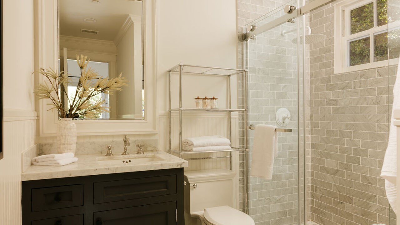 Glazed shower room in spa-like bathroom