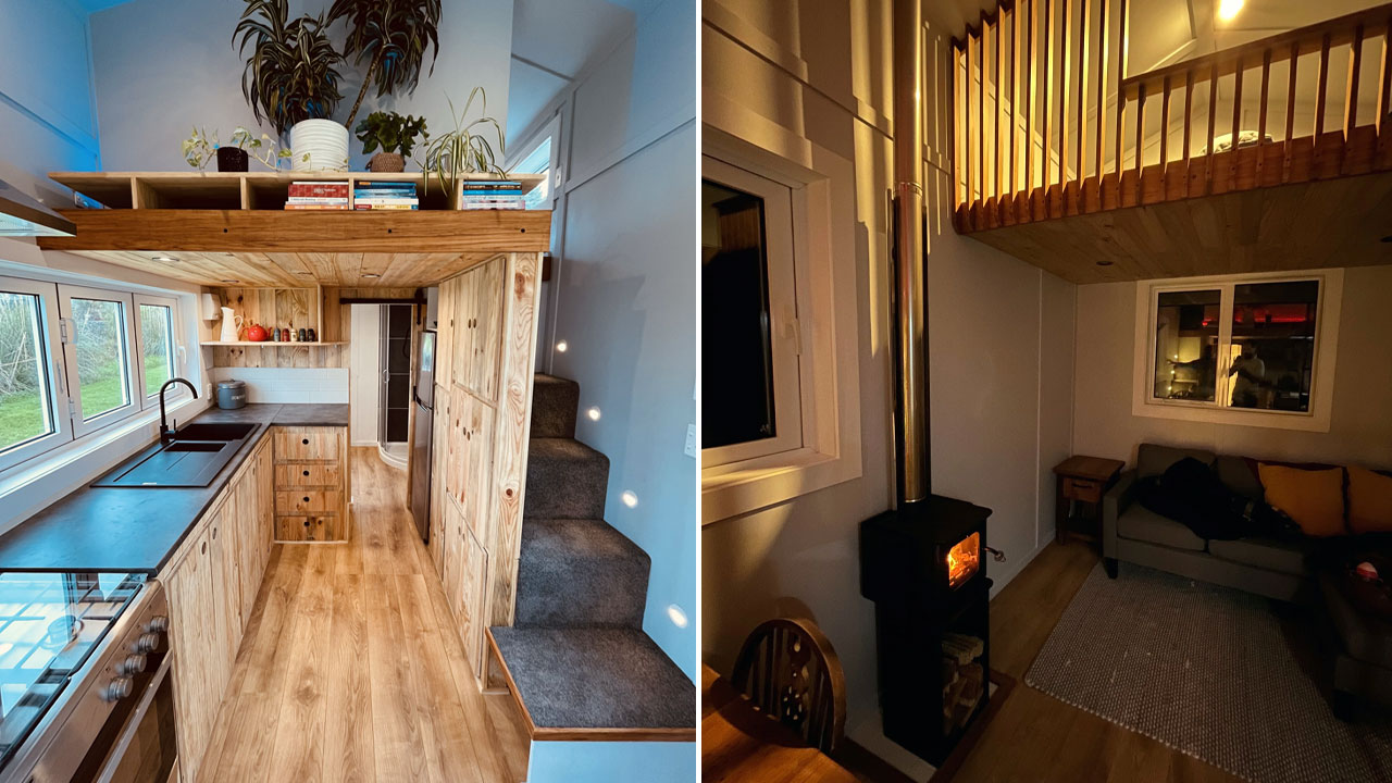 Maple Tiny House Features Overhang Shelf Above Kitchen for Extra Storage Smart Storage Hack