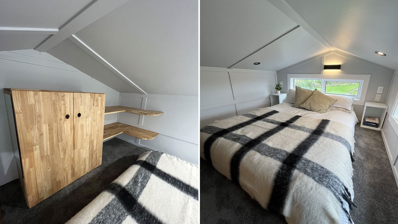 Maple Tiny House Features Overhang Shelf Above Kitchen for Extra Storage Smart Storage Hack