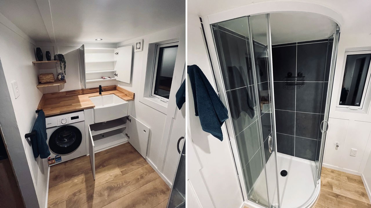 Maple Tiny House Features Overhang Shelf Above Kitchen for Extra Storage Smart Storage Hack