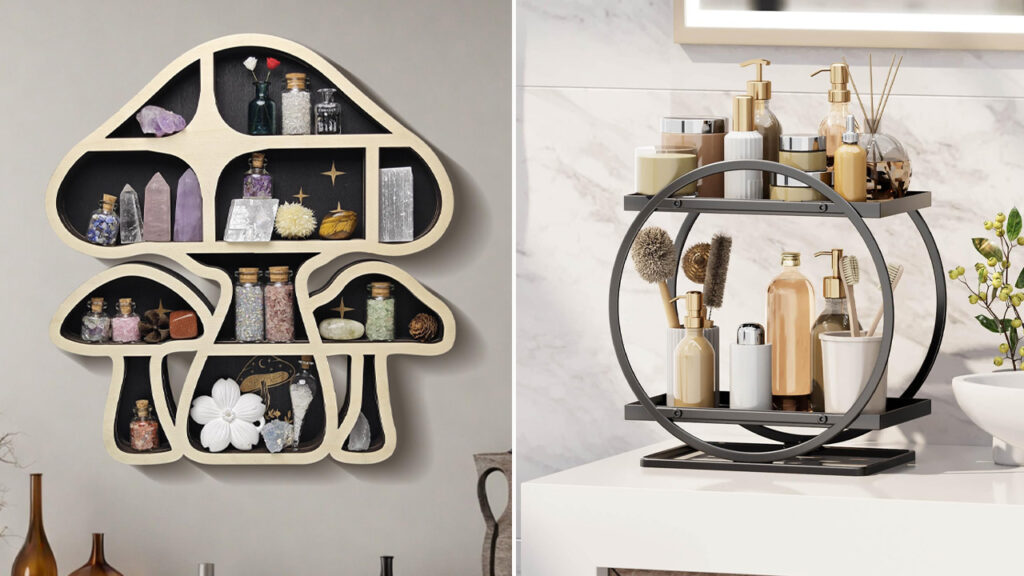 Give Your Bathroom Summer Makeover With These Essentials, Now on Prime Day Sale Mushroom Floating Shelves and Bathroom Counter Organizer