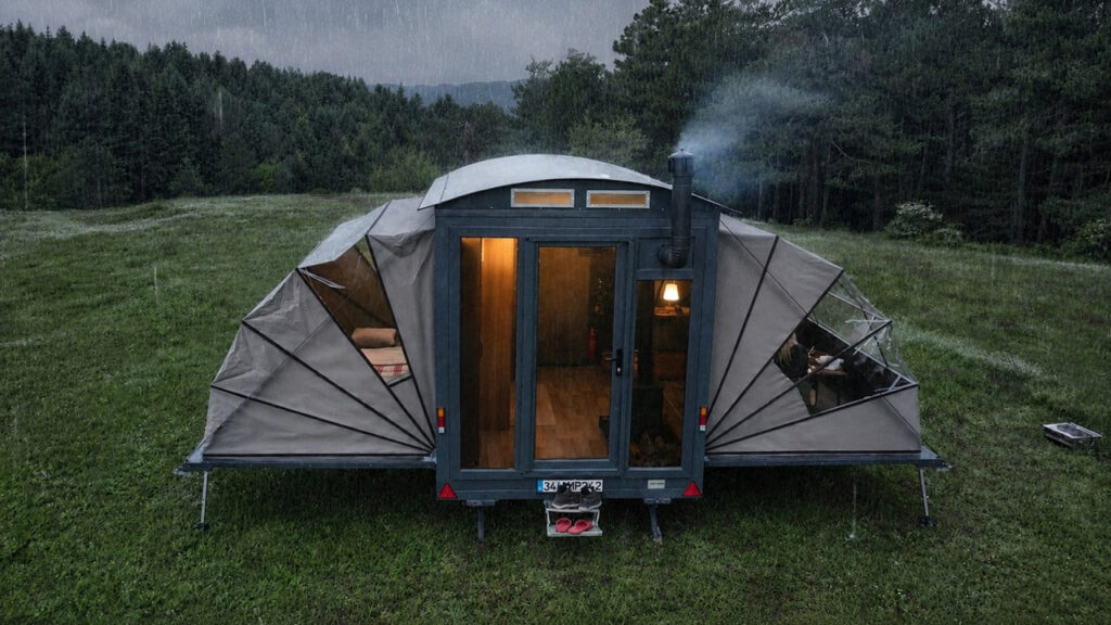 13 ft. Tiny House Unfolds Like an Accordion to Triple Its Space at Press of Button Ortsan Mini House Off-Grid Camper Trailer