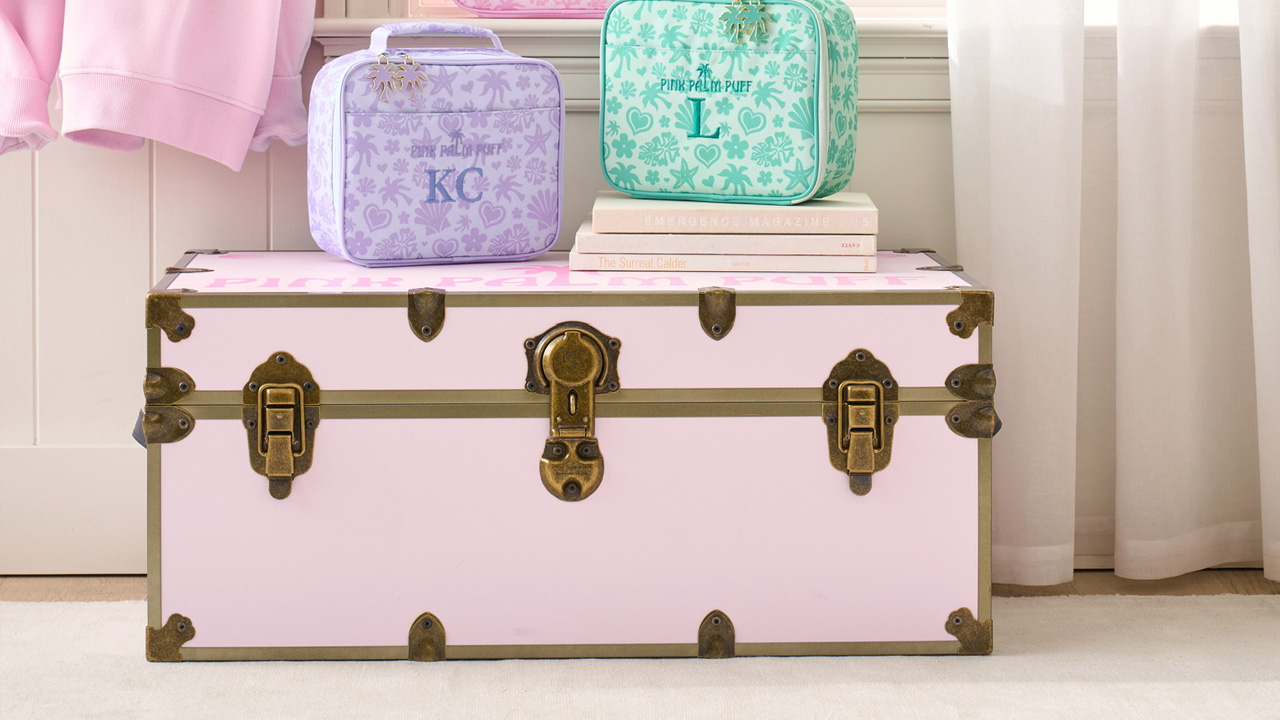 Pink Palm Puff x Pottery Barn Teen Collection - backpack and trunks