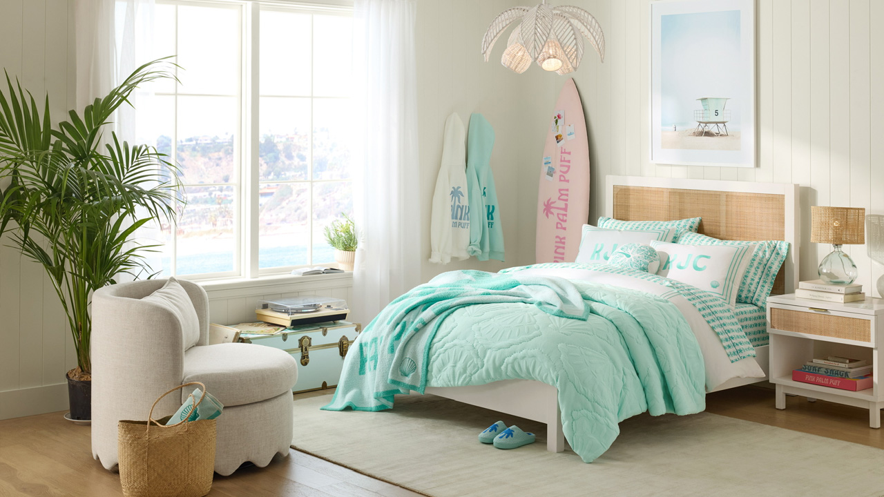 Pink Palm Puff x Pottery Barn Teen Collection - beach inspired lineup