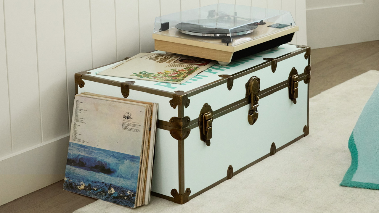 Pink Palm Puff x Pottery Barn Teen Collection - perfect storage with vintage trunks