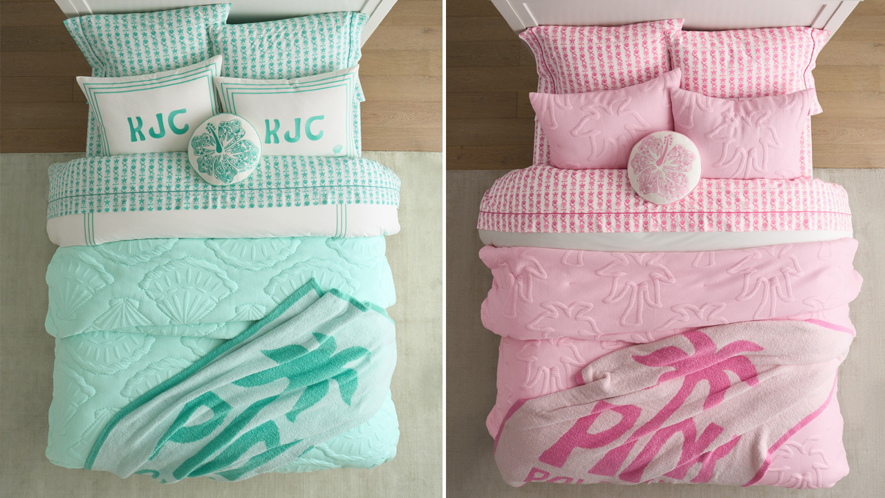 Pink Palm Puff x Pottery Barn Teen Collection - pink and aqua bedding