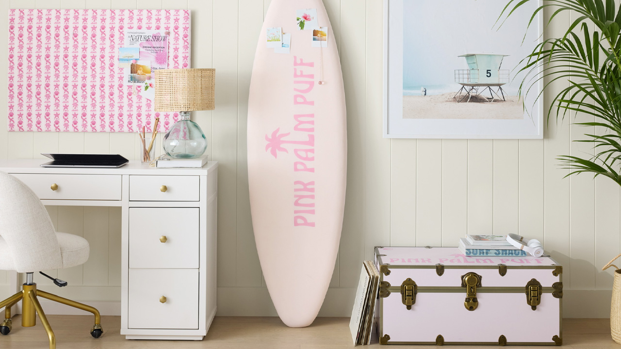 Pink Palm Puff x Pottery Barn Teen Collection - surfboard pinboard