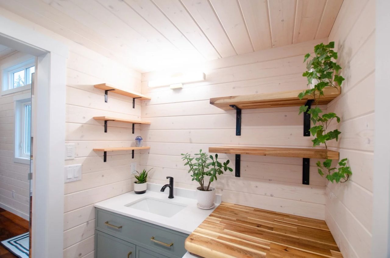 Floating shelves inside Rose tiny house