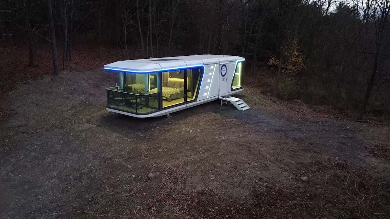 Space Station Tiny House - exterior at night