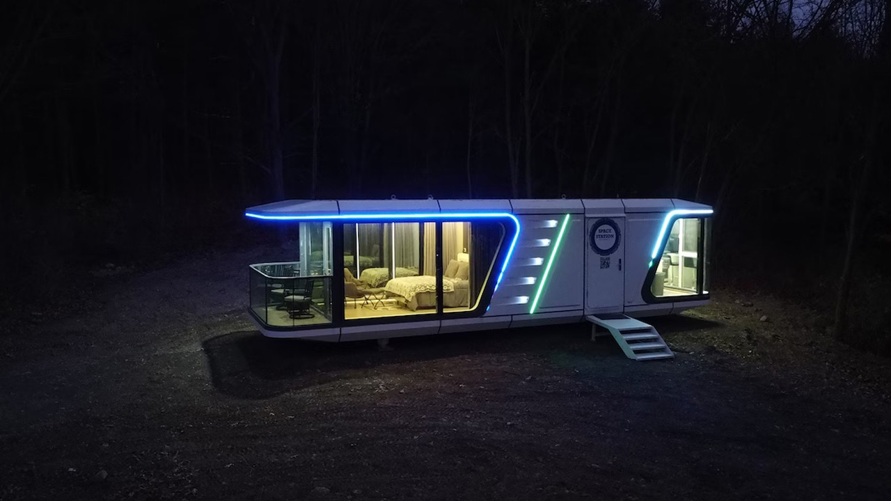Space Station Tiny House Airbnb at night