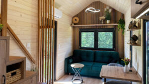 Spruce-Clad Interior of Marie Tiny House Creates a Cozy Japandi Woodland Ambience