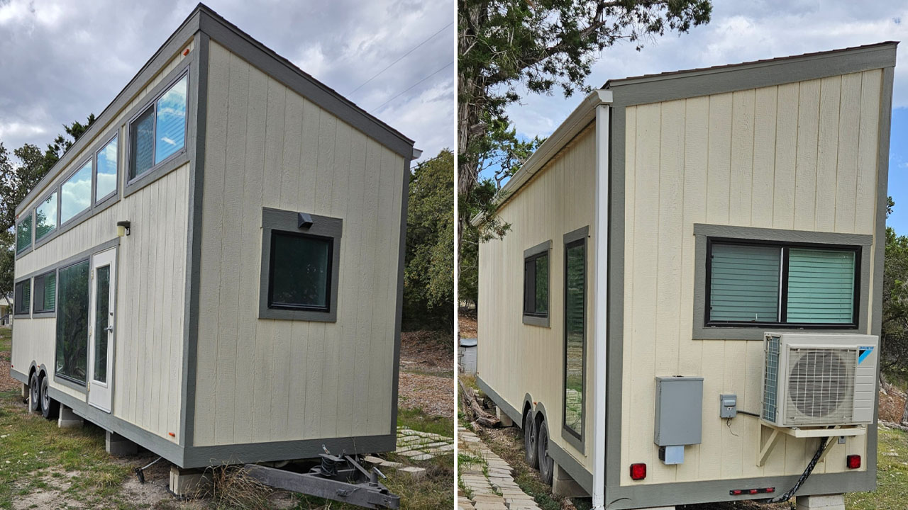 Grey colored trims outline and highlight the façade of Sunny Skillion tiny house