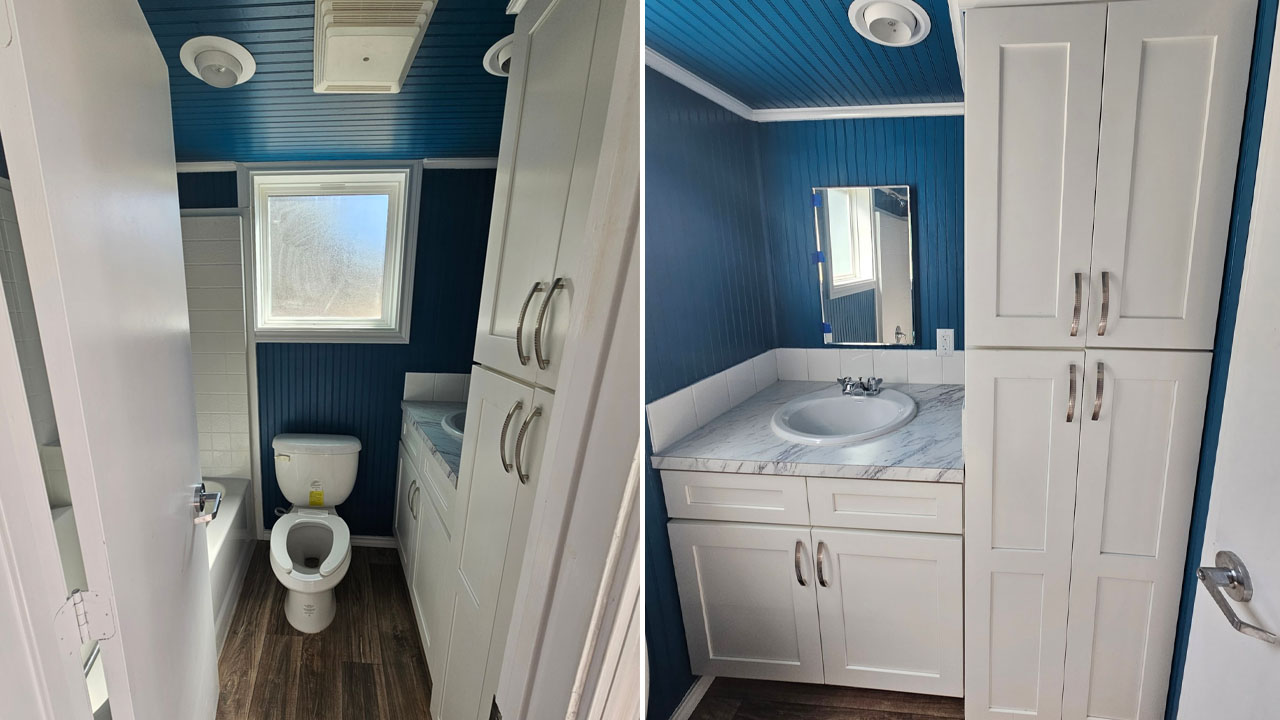 The white vanity sink has quartz countertop and white cabinetry offer ample storage