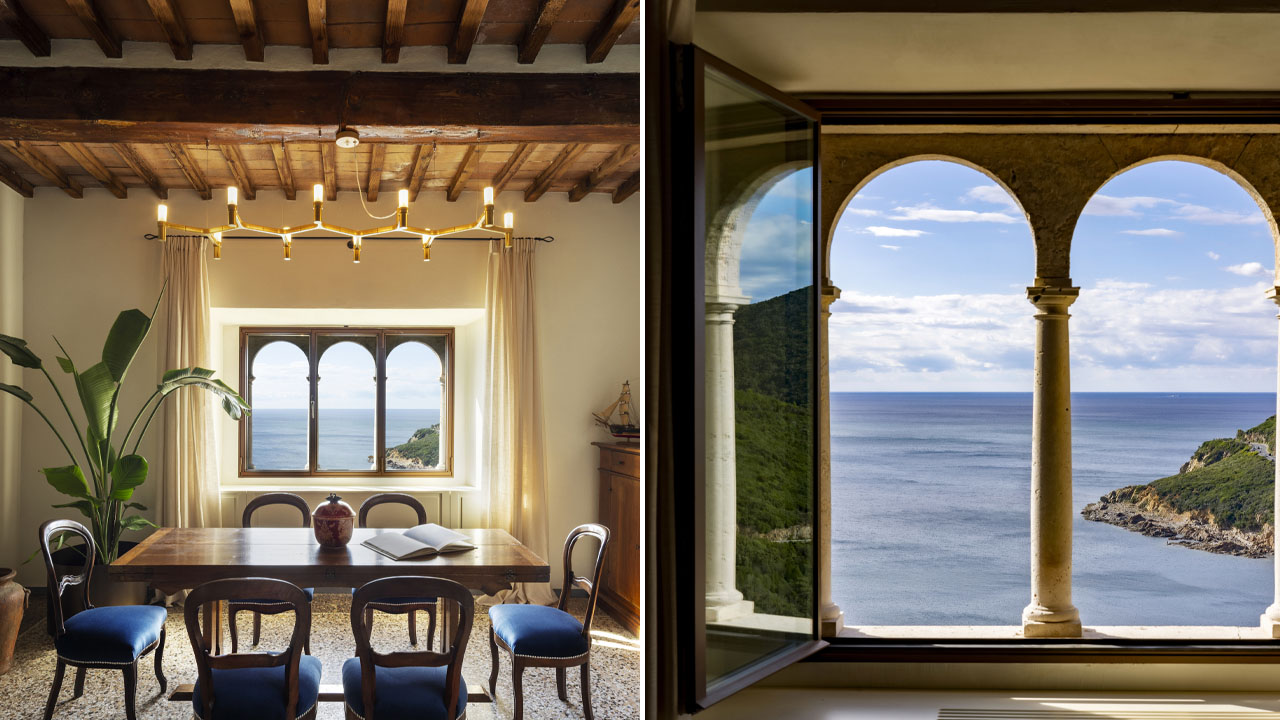 The vibrant dining room and triple-arched window