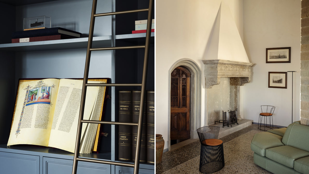 the living room has gothic architectural elements while the library has modern ones