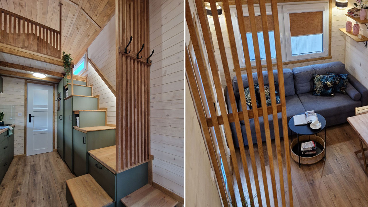 The Kathi tiny house-Japandi-style slatted wood panel
