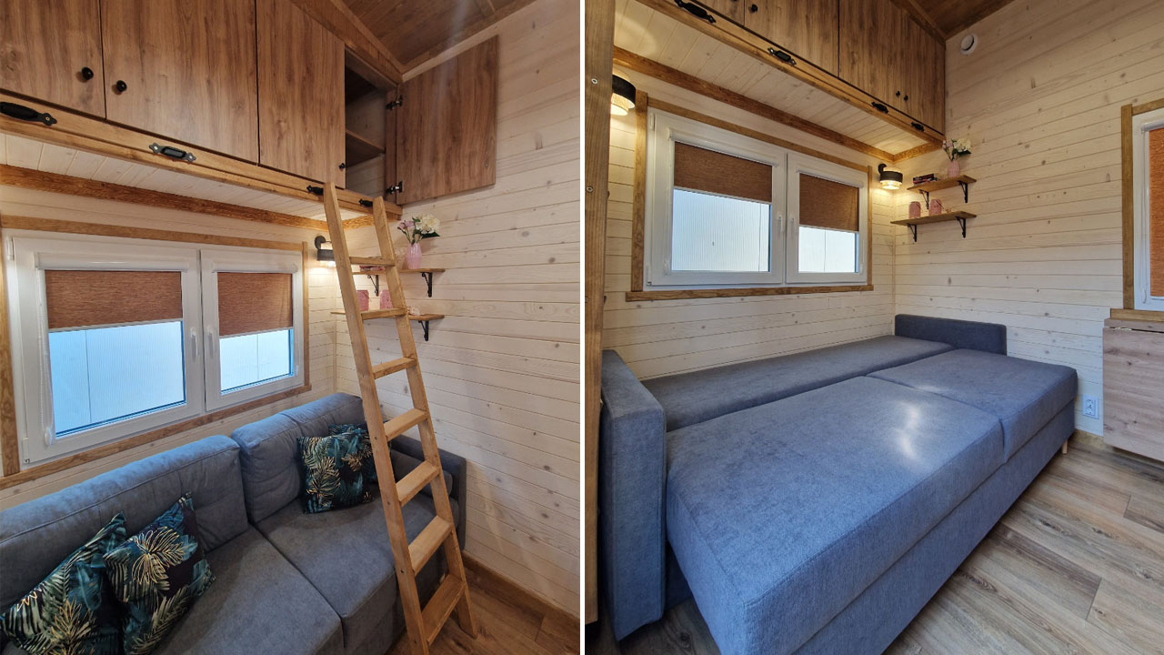 The Kathi tiny house-covertible sofa and large upper cabinetry