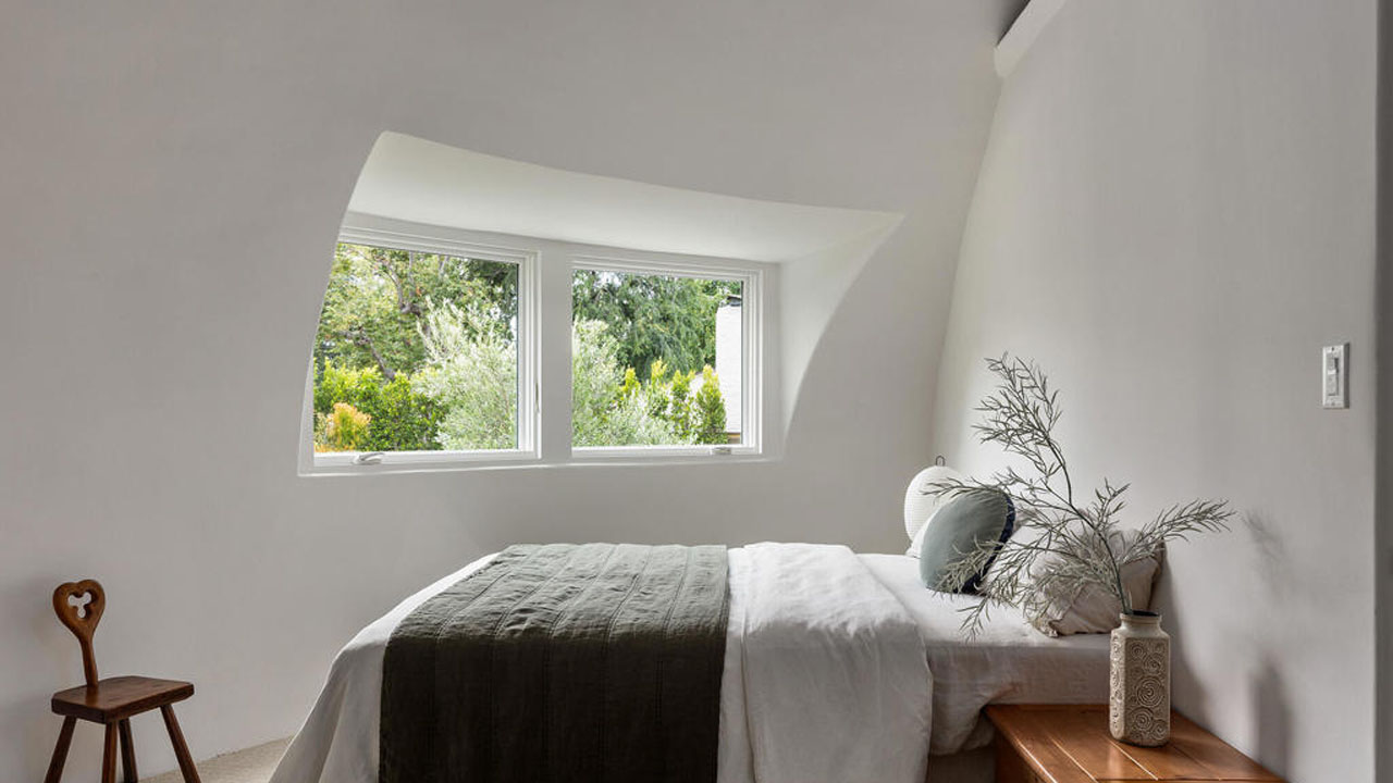 The light-filled bedroom in Wallace Neff Shell House
