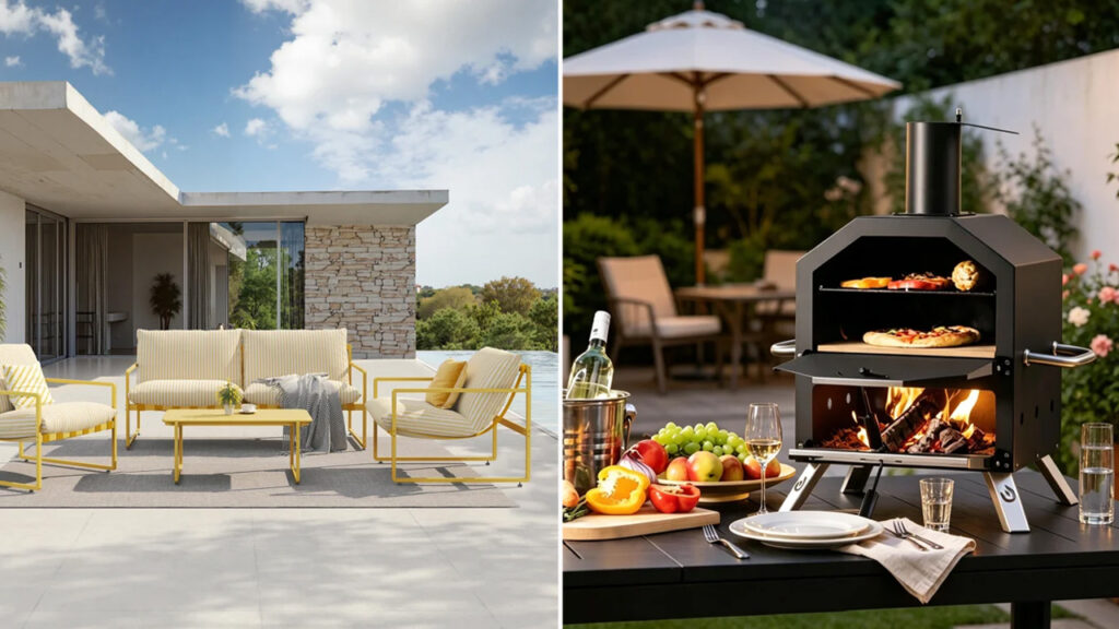 All-Steel Webbing Sofa and Steel Freestanding Wood-Fired Outdoor Pizza Oven