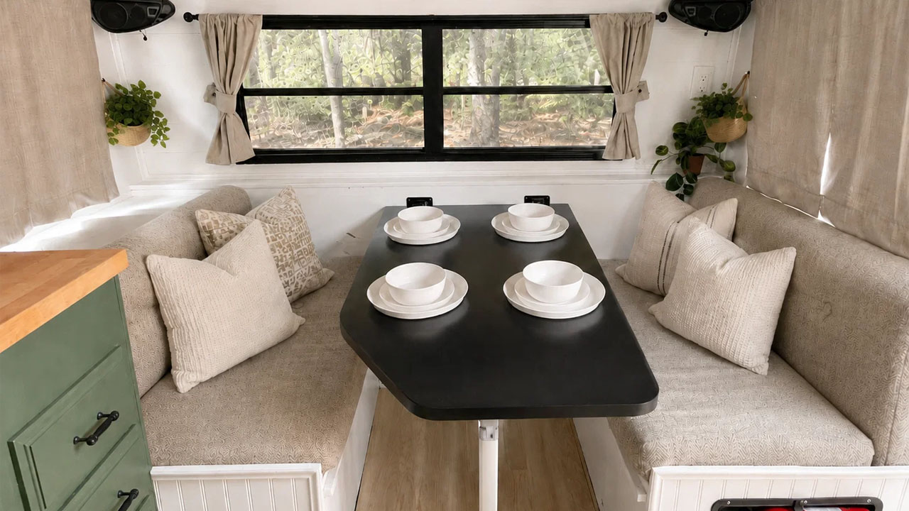 The renovated dining room functions as a living room as well