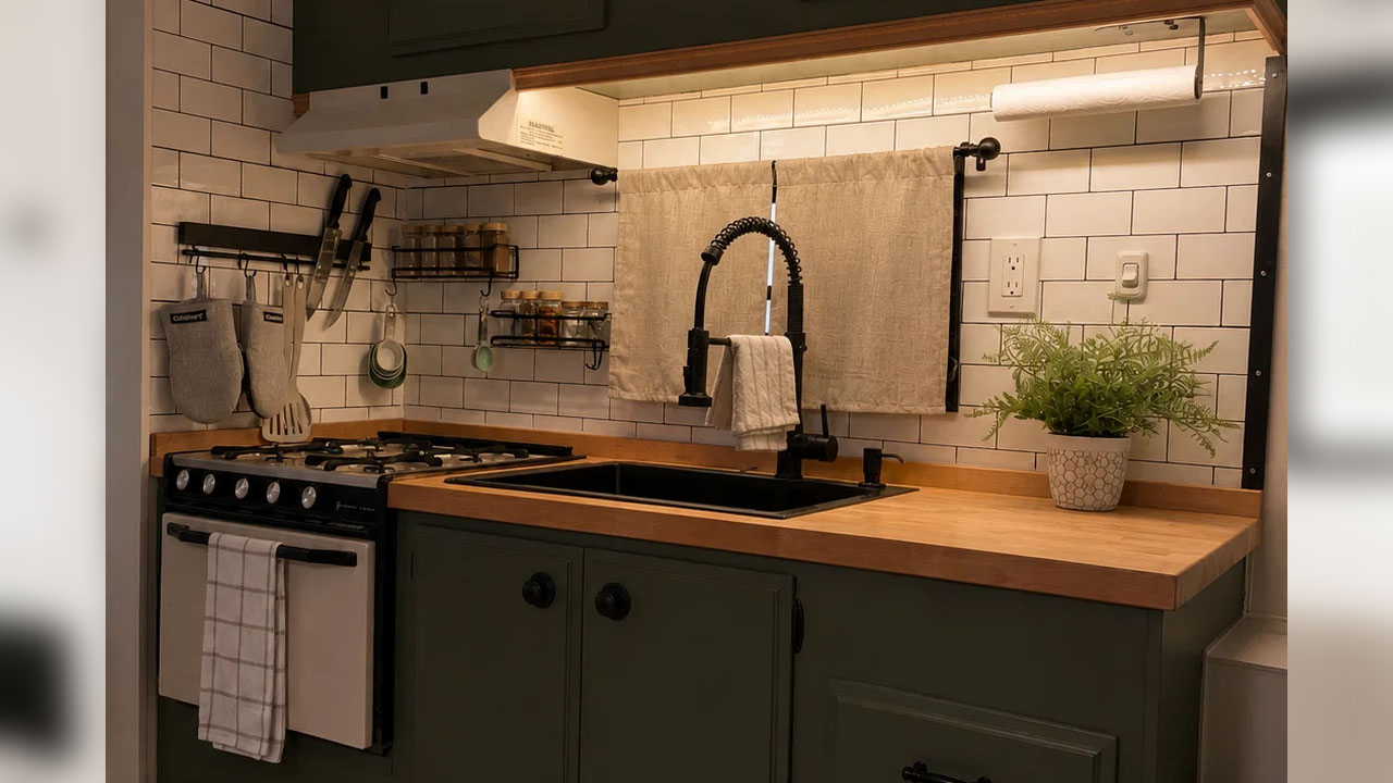 the warm lighting impart golden glow to the kitchenette
